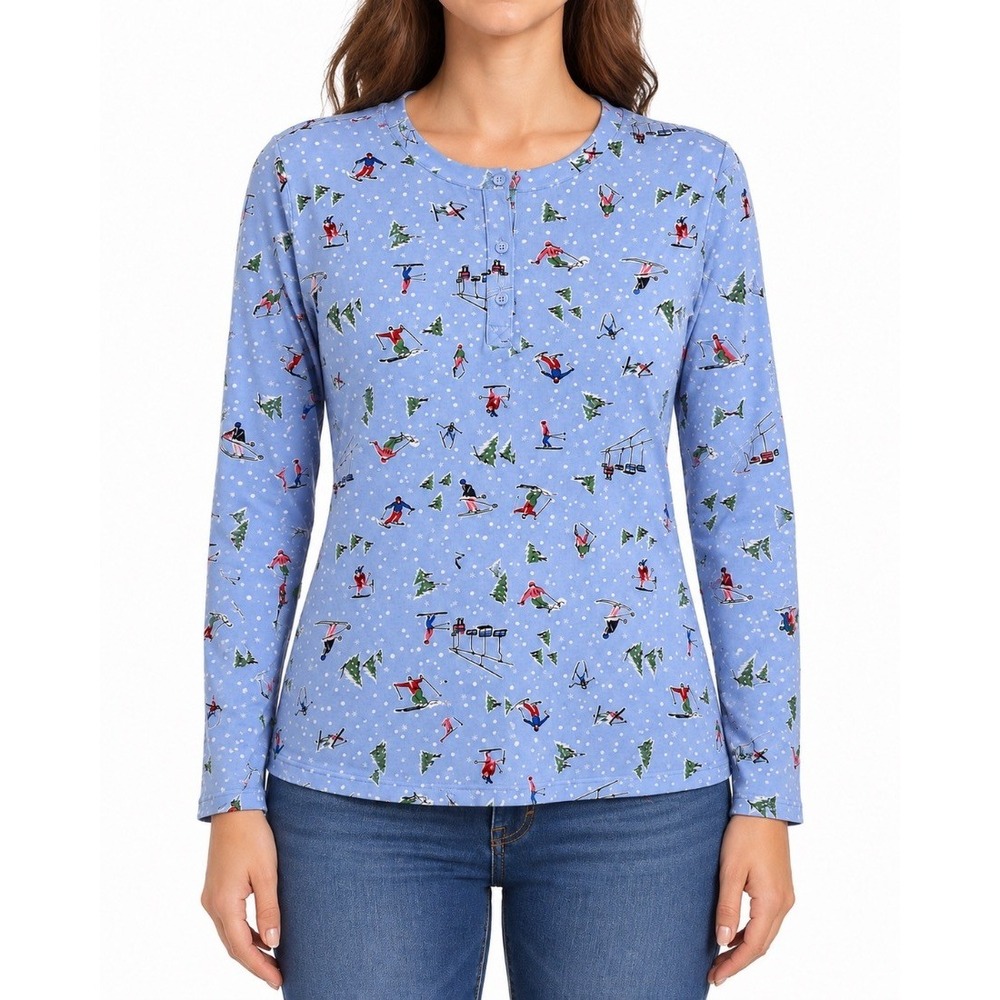 Lands End Womens Henley Top Blue Ski Print Long Sleeve Pullover Size M